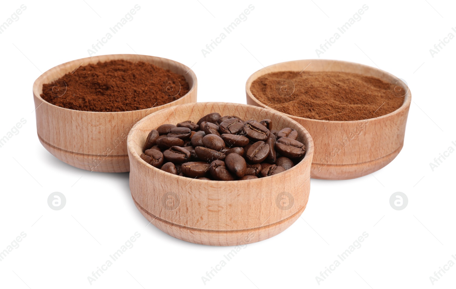 Photo of Bowls of beans, instant and ground coffee on white background