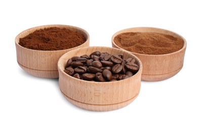 Photo of Bowls of beans, instant and ground coffee on white background