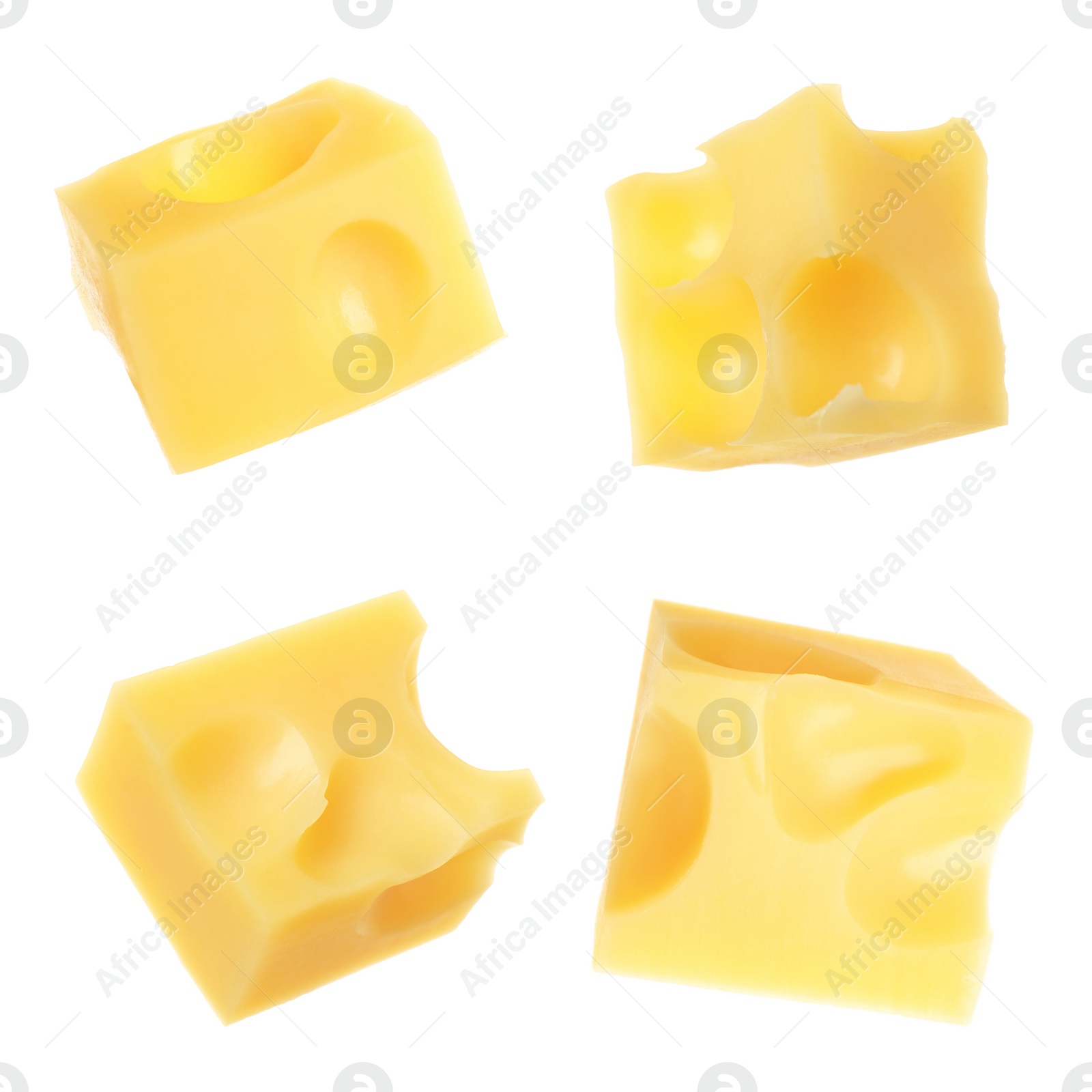 Image of Pieces of delicious cheese on white background, collage