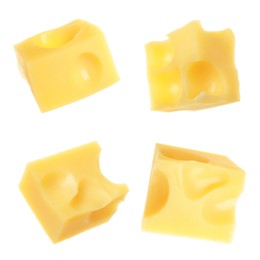 Image of Pieces of delicious cheese on white background, collage