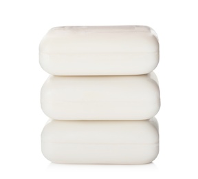 Photo of Soap bars on white background. Personal hygiene