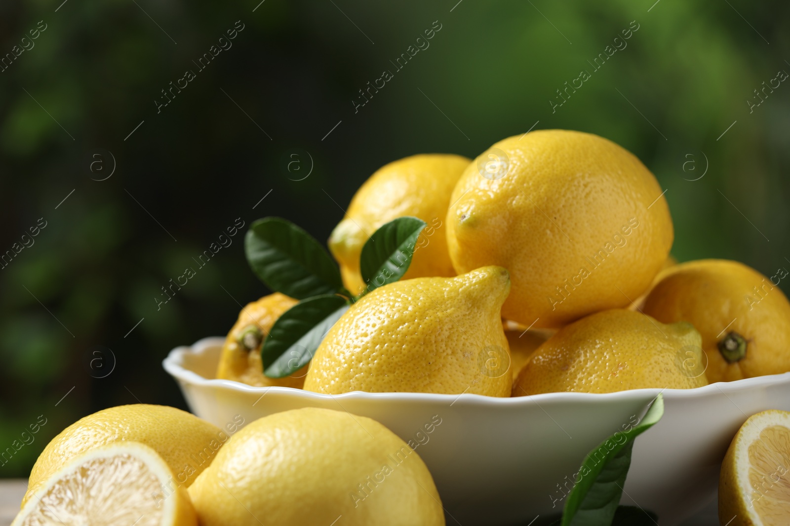 Photo of Fresh lemons and green leaves against blurred background, closeup