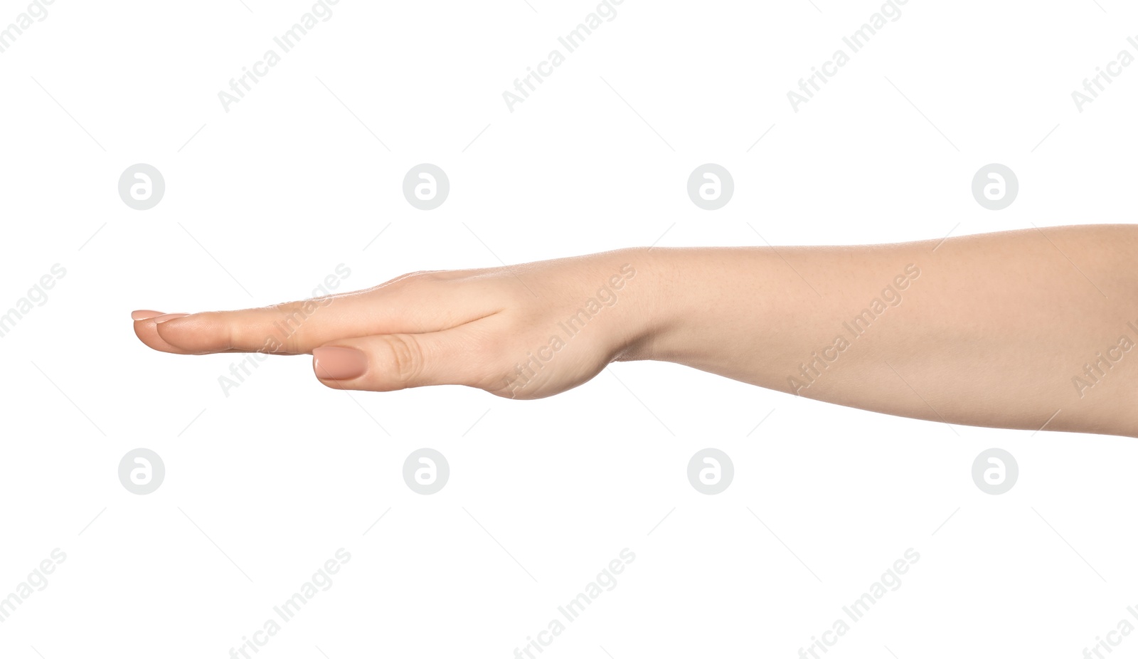 Photo of Playing rock, paper and scissors. Woman showing paper sign on white background, closeup