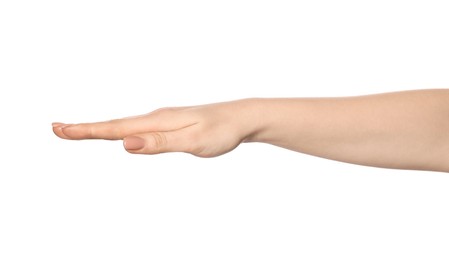 Playing rock, paper and scissors. Woman showing paper sign on white background, closeup