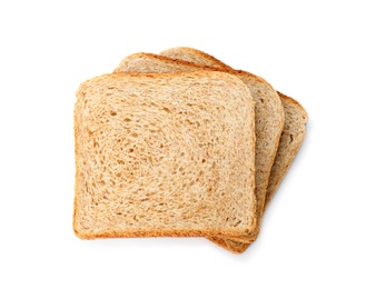 Photo of Slices of wheat bread isolated on white, top view