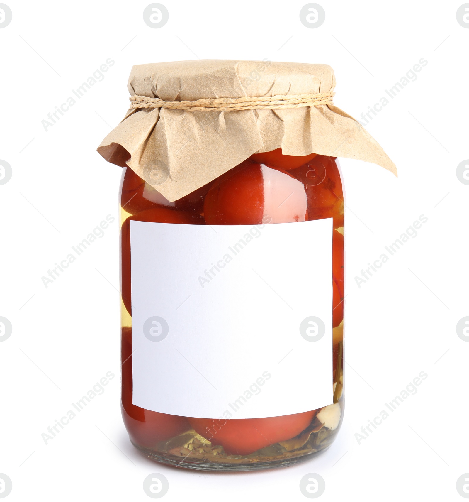 Photo of Pickled tomatoes in glass jar on white background