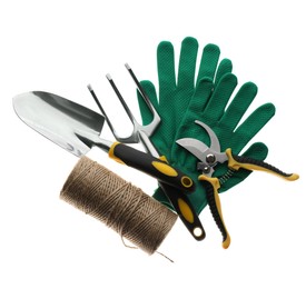 Different gardening tools on white background, top view