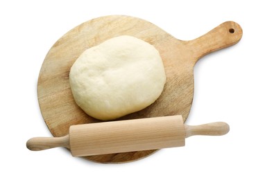 Fresh yeast dough and wooden rolling pin isolated on white, top view