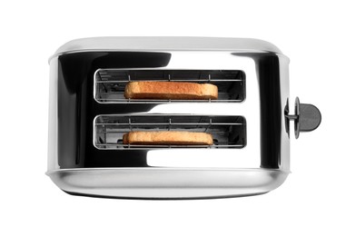 Modern toaster with bread on white background, top view