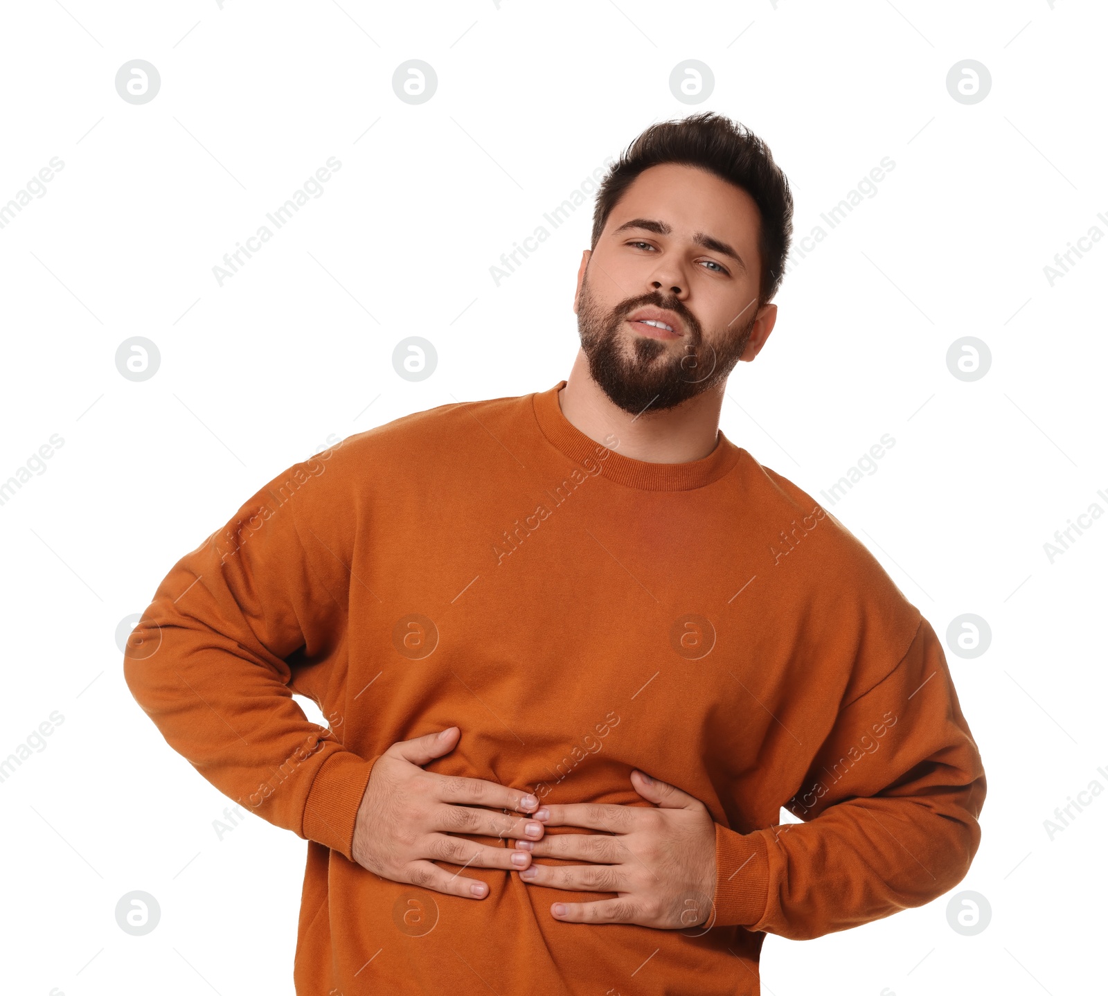 Photo of Young man suffering from stomach pain on white background