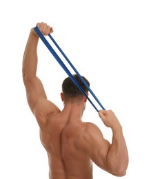 Young man exercising with elastic resistance band on white background, back view