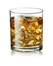 Photo of Whiskey and ice cubes in glass isolated on white