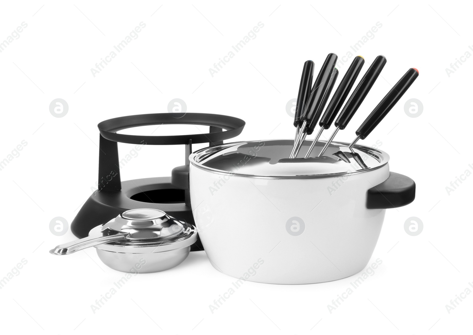 Photo of Fondue set isolated on white. Kitchen equipment