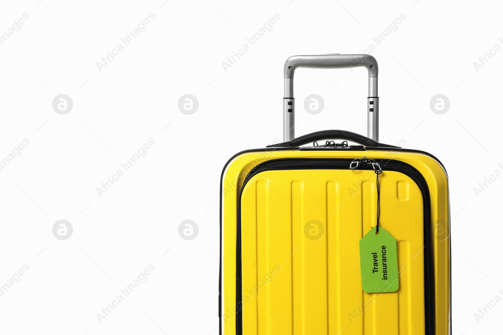Photo of Yellow suitcase with TRAVEL INSURANCE label on white background