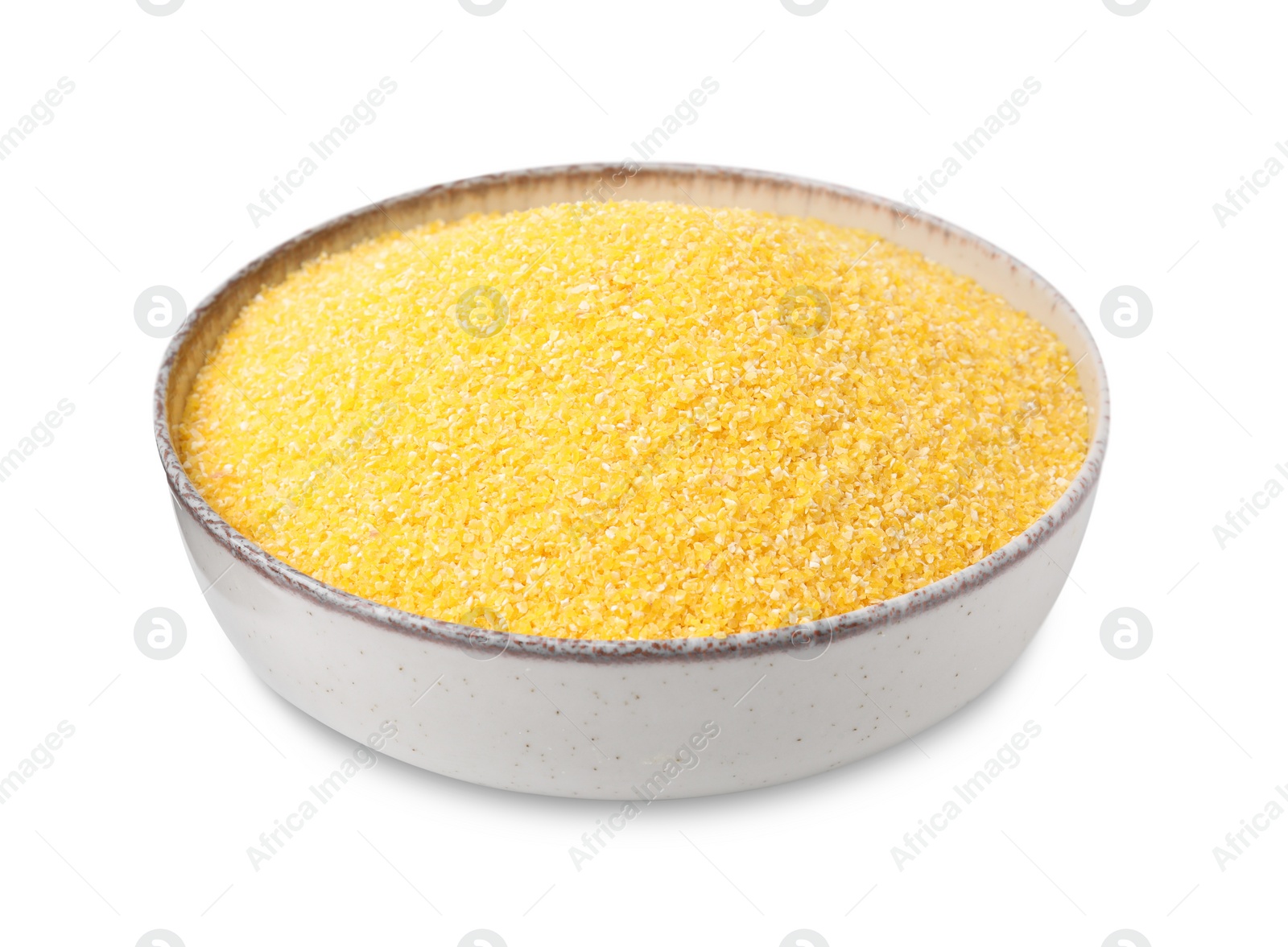 Photo of Raw cornmeal in bowl isolated on white