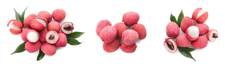 Image of Set of delicious fresh lychees on white background, top view. Banner design 