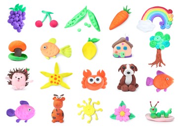 Image of Different objects made from playdough on white background, collage