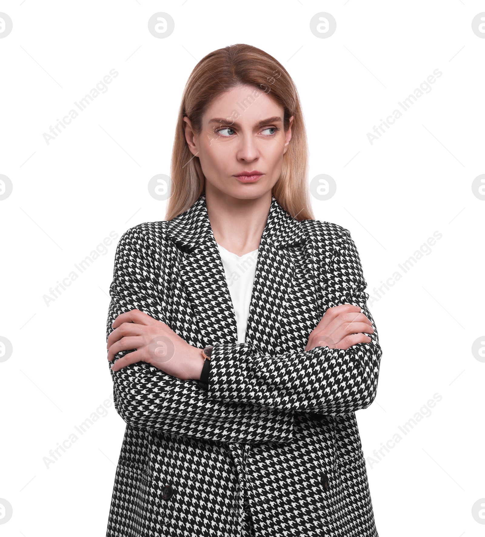 Photo of Beautiful emotional businesswoman in suit on white background