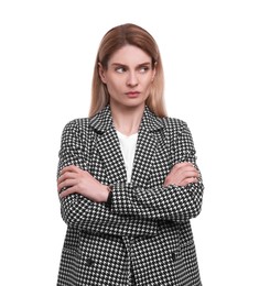 Photo of Beautiful emotional businesswoman in suit on white background