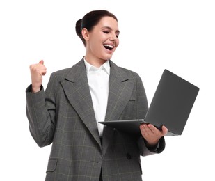 Photo of Beautiful businesswoman with laptop on white background, low angle view