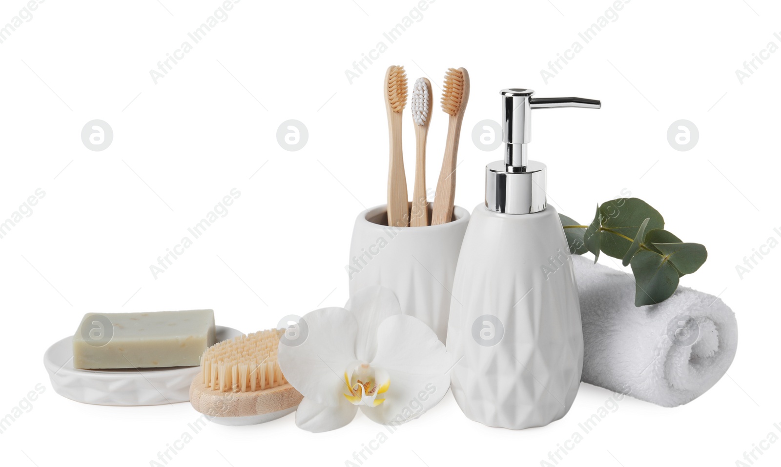 Photo of Bath accessories. Set of different personal care products, eucalyptus leaves and flower isolated on white