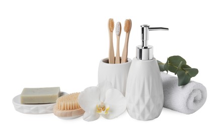 Photo of Bath accessories. Set of different personal care products, eucalyptus leaves and flower isolated on white