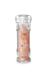 Pink himalayan salt in glass shaker isolated on white