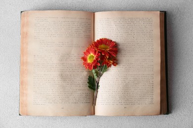 Photo of Book with chrysanthemum flowers as bookmark on light gray textured table, top view