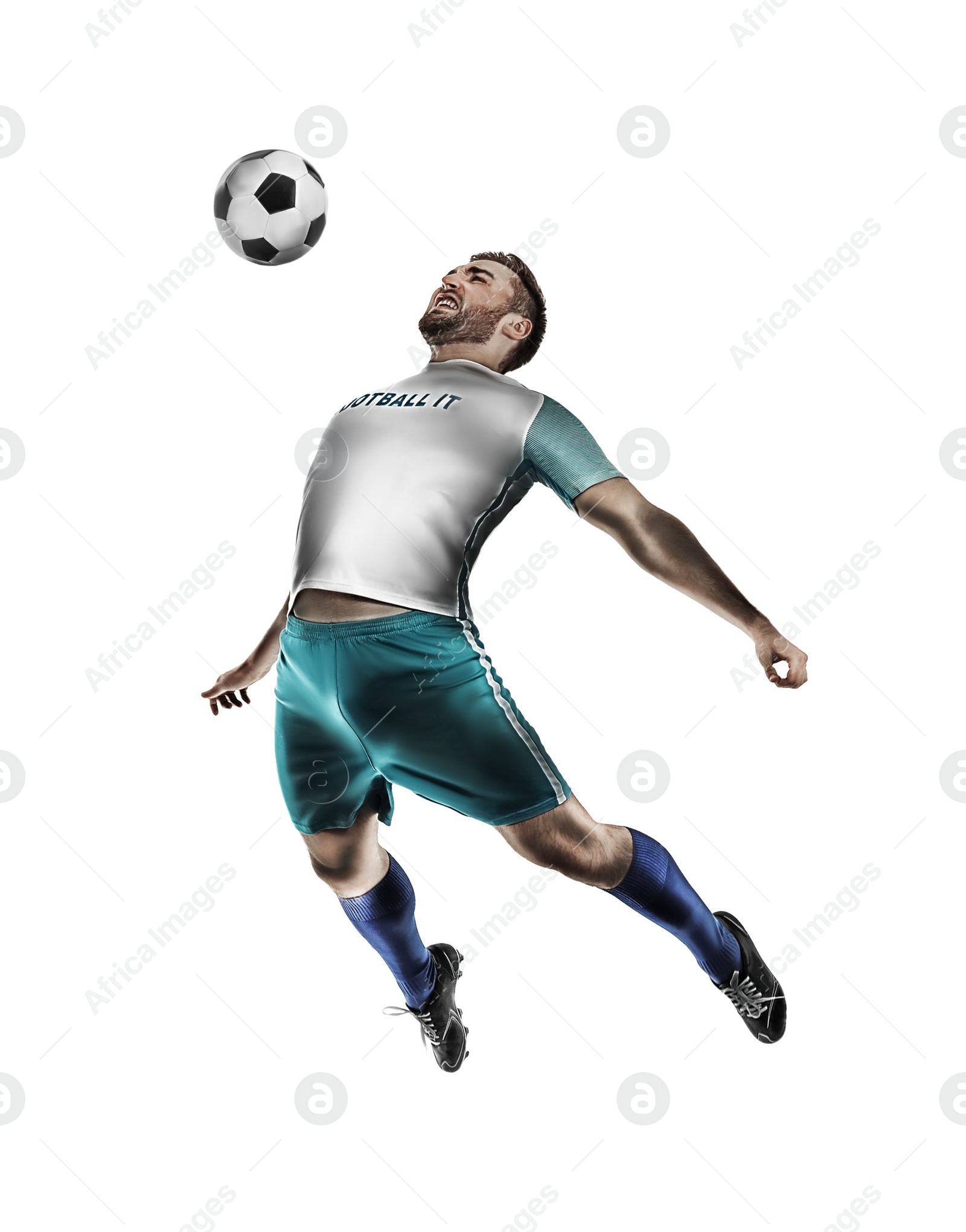 Image of Young man playing football on white background