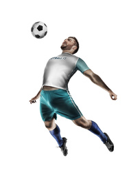 Image of Young man playing football on white background