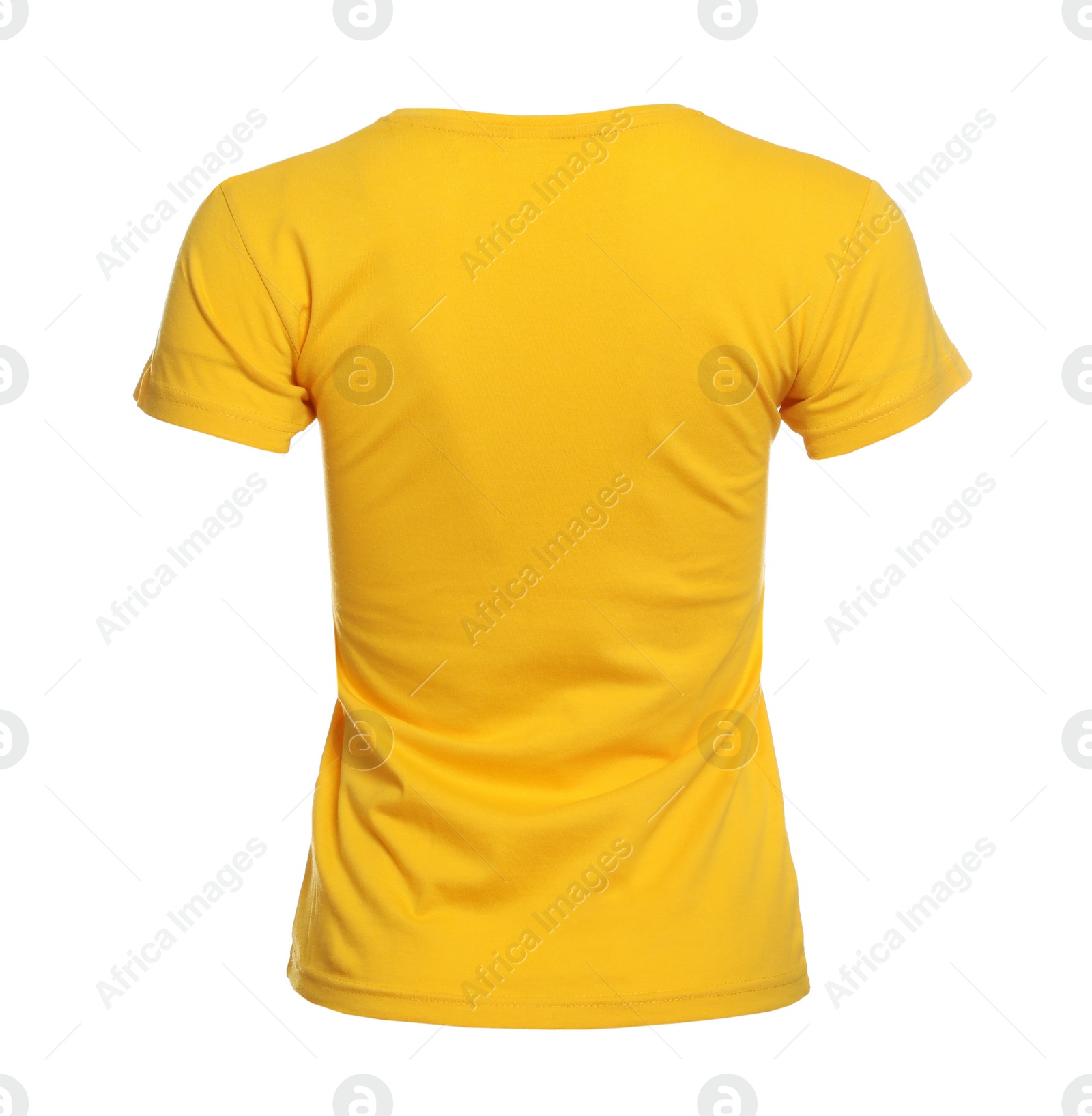 Photo of Mannequin with yellow women's t-shirt isolated on white. Mockup for design