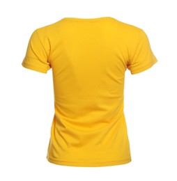 Mannequin with yellow women's t-shirt isolated on white. Mockup for design