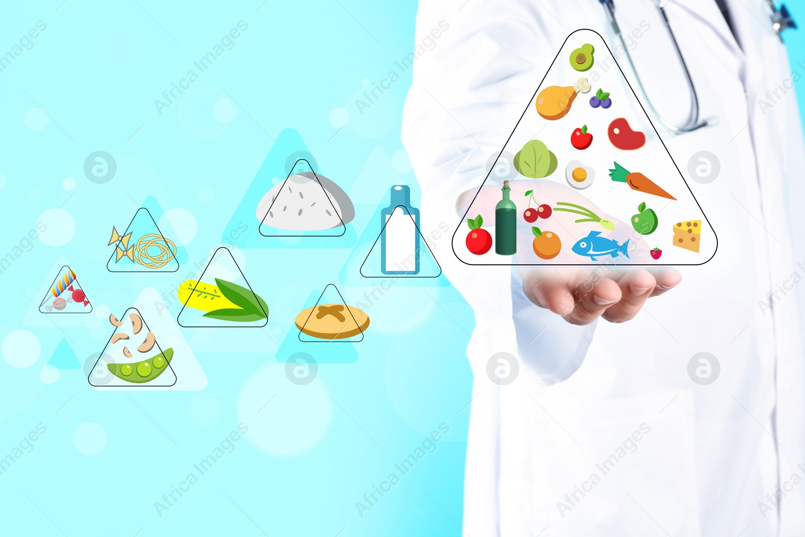 Image of Nutritionist and food pyramid on light blue background, closeup