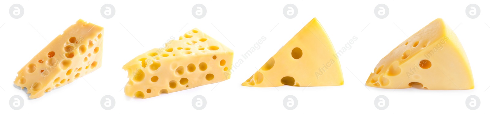 Image of Set with pieces of delicious cheese on white background. Banner design