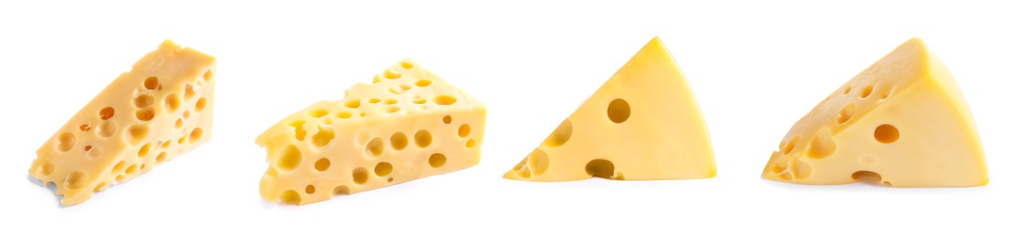 Image of Set with pieces of delicious cheese on white background. Banner design