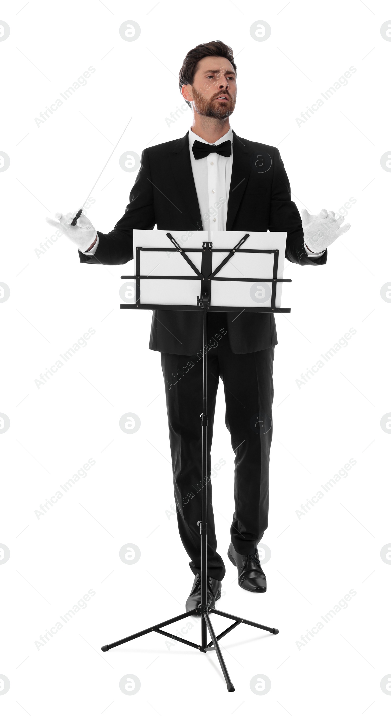 Photo of Professional conductor with baton and note stand on white background