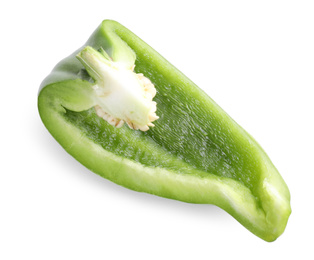 Photo of Cut green bell pepper isolated on white, top view