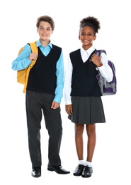 Photo of Happy pupils in school uniform on white background