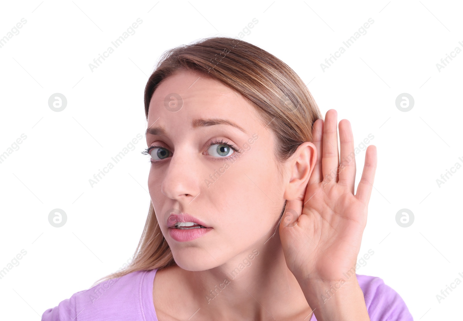 Photo of Young woman with hearing problem on white background