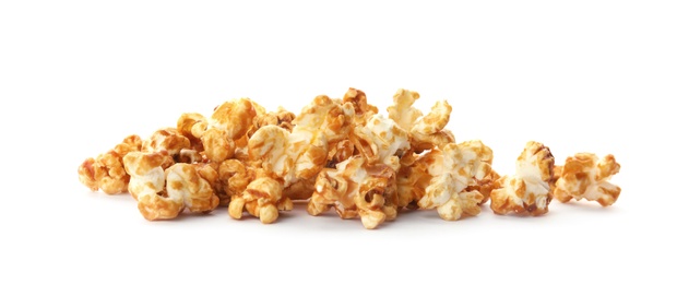 Pile of delicious caramel popcorn on white background