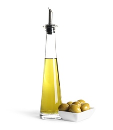 Glass bottle with fresh olive oil on white background