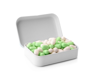 Open box with tasty mint candies on white background