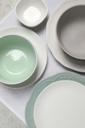 Beautiful ceramic dishware on table, top view