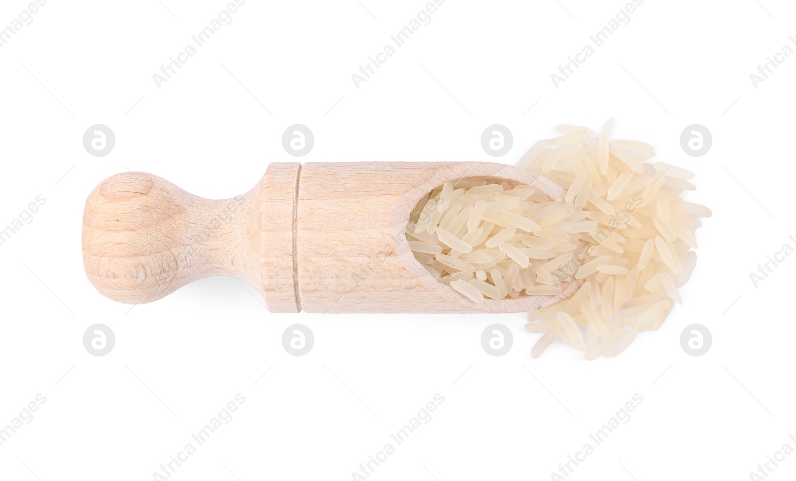 Photo of Scoop with raw rice isolated on white, top view