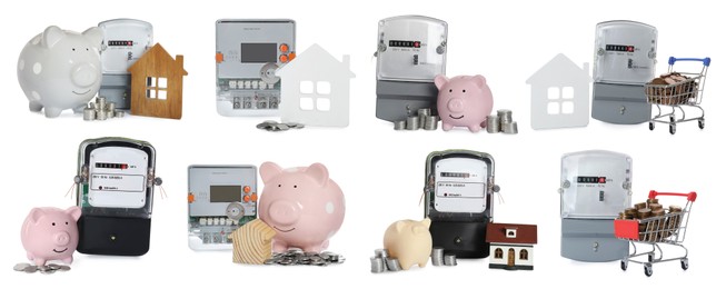Image of Set of different electricity meters, house models, piggy banks, shopping carts and stacked coins on white background. Banner design