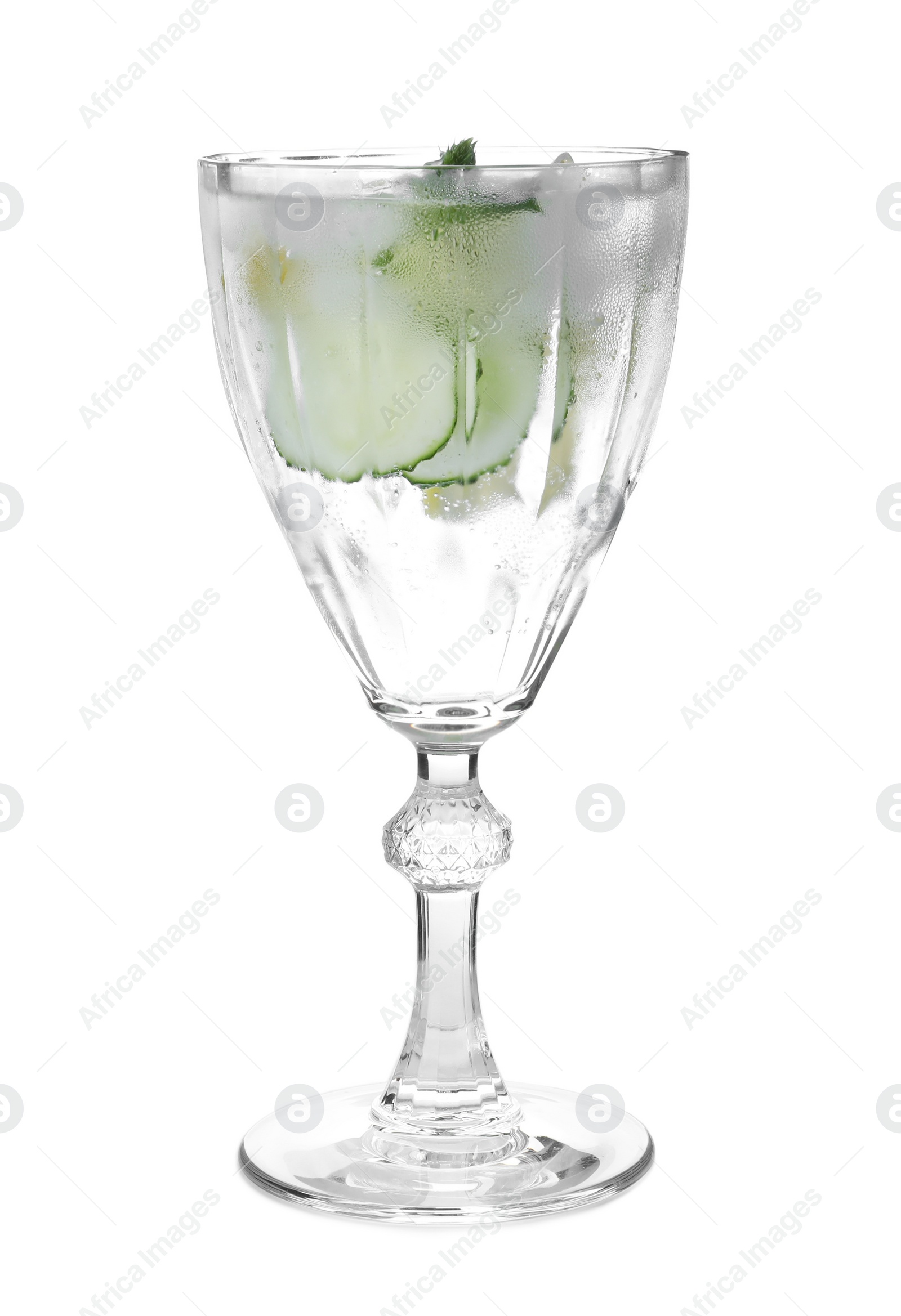 Photo of Refreshing water with cucumber, lemon and mint isolated on white