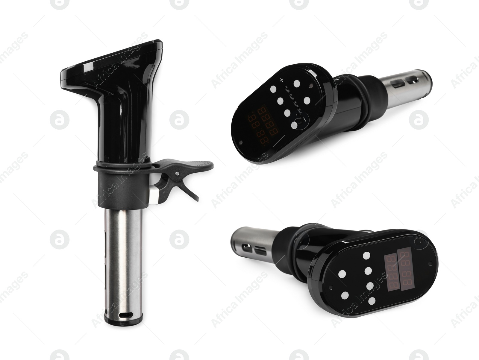 Image of Collage with sous vide cookers isolated on white. Thermal immersion circulator