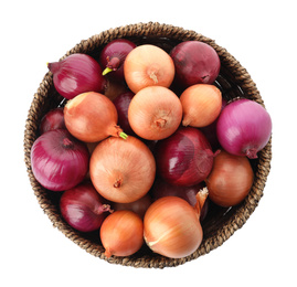 Photo of Basket full of onion bulbs isolated on white, top view