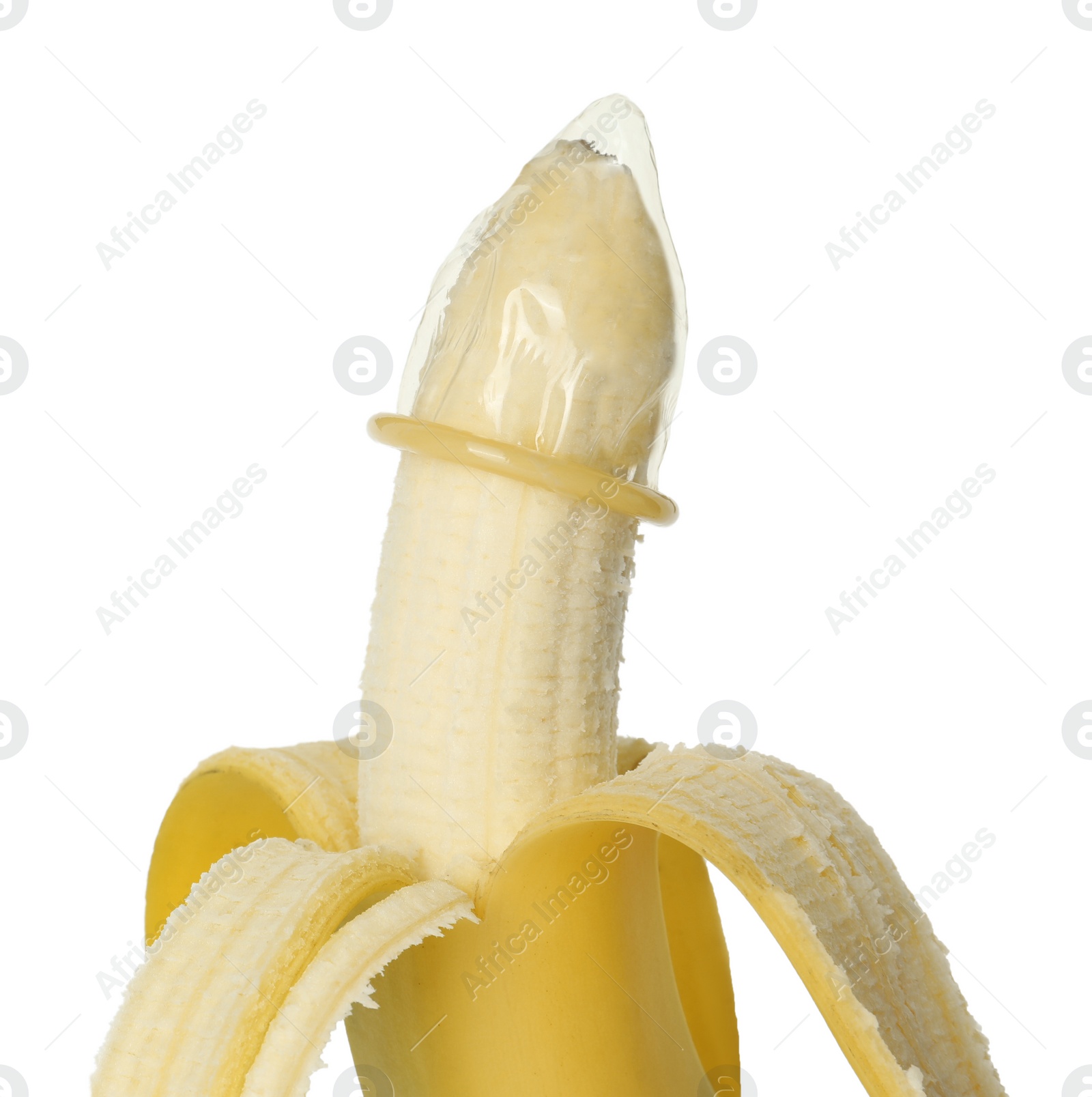 Photo of Banana with condom isolated on white. Safe sex concept