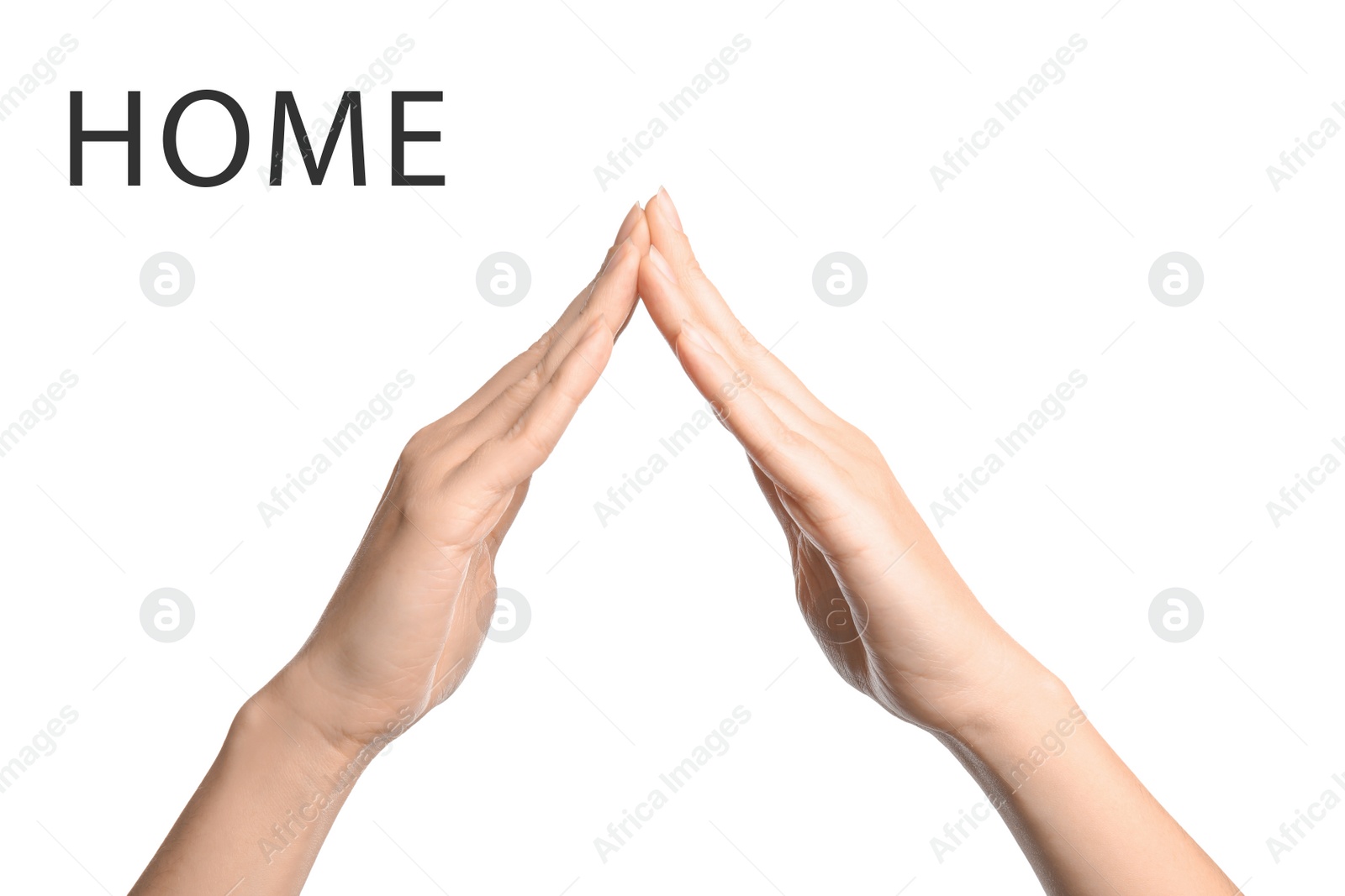 Image of Woman showing word Home on white background, closeup. American sign language